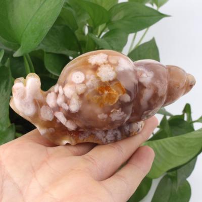 China Unique Carvings Cherry Blossoms Agate Animal Statues Natural China Ocean Jasper Sakura Agate Snail Turtle for sale