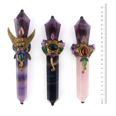 China Natural Magical Fluorite Rose Quartz Wand Crystal Wand China Pharaoh Magic Wand Stick Amethyst Rainbow for sale