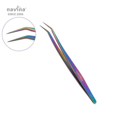 China Stainless steel navina eyelash tweezers curved PT-11C stainless steel thin pointed false eyelash colorful tweezers for sale