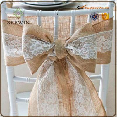 China 2016 durable burlap with lace sash for wedding chair bow deco for sale