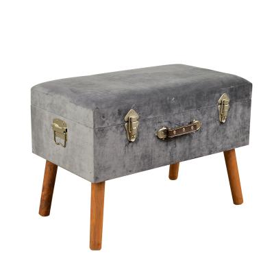 China European Metal-decorated Suitcase Trunk Wooden-leg Suede Storage Stools for sale