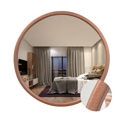 China Morden Modern Round Mirror Bathroom Leather Wood Bedroom Hang Mirror Brown for sale