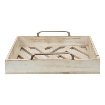 China Sustainable Custom Rectangular Wooden Hollow Logo MDF Serving Trays Metal Handle Decorative Wooden Tray Wholesale for sale