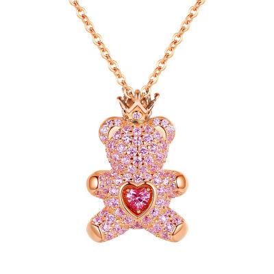 China The Romantic Teddy Bear With Crown Necklace Wholesale 100% 925 Sterling Silver CZ Accessories Choker Cute Jewelry Charm Birthday Gifts for sale