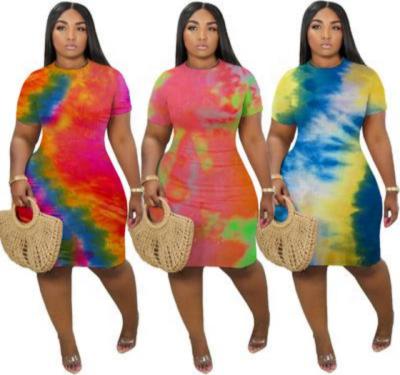 China Wholesale Breathable Print Dress Plus Size Women Tie Dye Casual Print Short Sleeve Plus Size Dress for sale