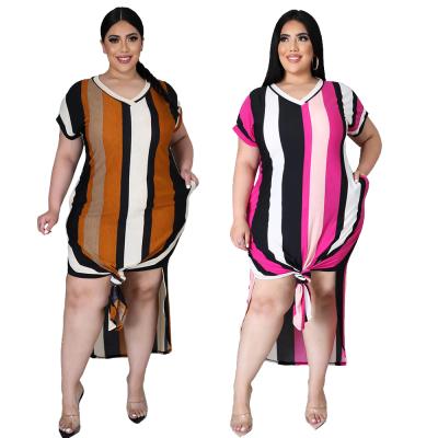 China Wholesale Plus Size Women's Breathable V-Neck Design Stripe Print Plus Size Casual Women's Dress for sale