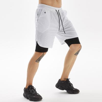 China Breathable Mens 2 In 1 Active Gym Sports Shorts With Pockets And Mesh Layer Double Hole Headset Mens Line Shorts for sale