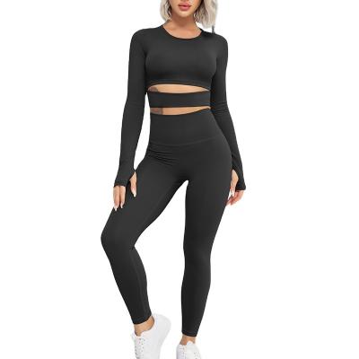 China Breathable 2022 Women 2 Piece Workout Sets Long Sleeve Crop Top And Pants Sets Gym Clothes Activewear Sets Recycled Fabric Sports Clothes for sale