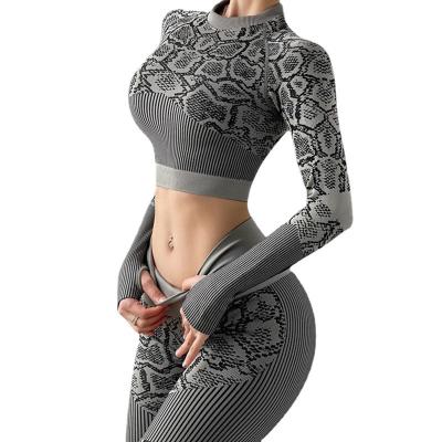 China 2021 Breathable New Fashionable Seamless Snakeskin Ribbed Fitness Gym Clothes Quick Dry Workout 2 Piece Yoga Set For Women for sale