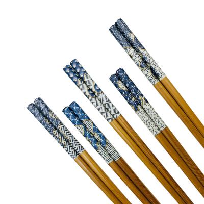 China 2022 Hot Sale Non Slip Japanese Style Chopsticks Household Disposable Blue Printed Bamboo Chopsticks for sale