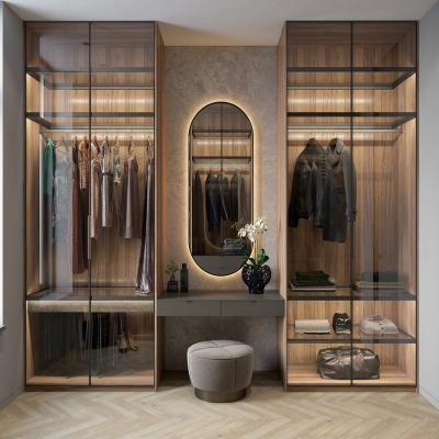 China Modern Customized Modular Luxury MDF Wardrobe Closet Furniture Closet Organizers With Glass Door for sale