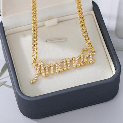 China FASHIONABLE LUOXIN Personalized Brass Zircon Crystal Name Plate Necklaces Statement Custom Name Pendant Necklace for sale