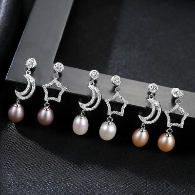 China New LUOXIN FASHIONABLE Wedding Fashion 925 Sterling Silver Shining Star Moon Natural Pearl Drop Earring for sale