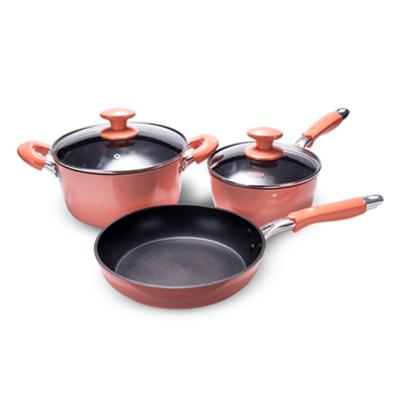 China 2019 Fashion Pantone High Quality Viable Color Nonstick Coating Aluminum Cookware 3pcs Sets Kitchen Dinnerware Set for sale