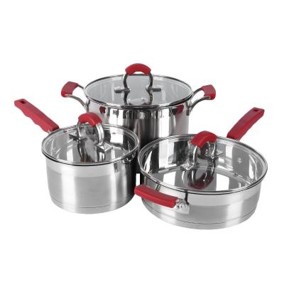 China Sustainable high quality mirror stainless steel casserole set cookware sets with red silicone handle for sale