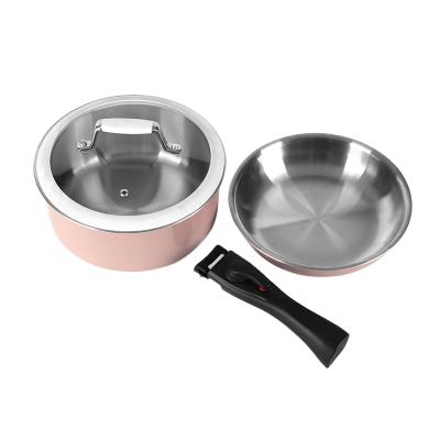 China 3 Pieces Space Saving Stainless Steel Pink Color Sustainable Cookware Set for sale