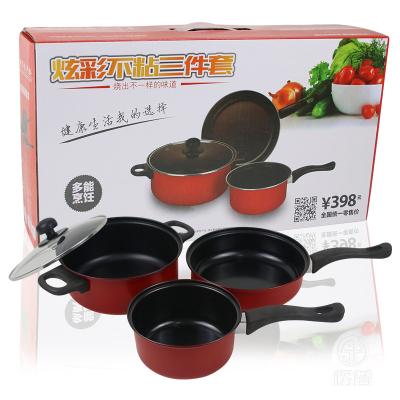 China Hot Sale Stocked 3pcs Cheap Wholesale Cooking Frying Pan Sauce Pan Casserole Pot With Glass Lids Cookware Set for sale