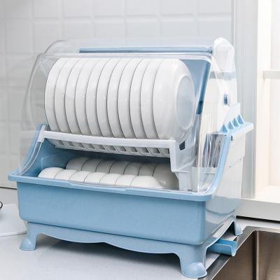 China Kitchen Storage Stocked Plastic Racks Two Layers Dish Plastic Drying Rack With Dust Cover for sale