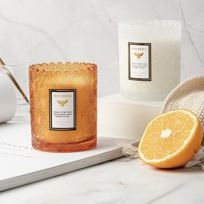 China Home Decoration Smokeless Candle Flower Embossed Container Soy Wax Scented Candle Lace Embossed Glass Jar for sale