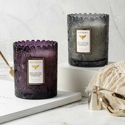 China Home Decoration Smokeless Candle Flower Embossed Container Soy Wax Scented Candle Lace Embossed Jar Glass Jars Bulk for sale