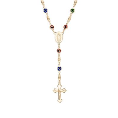 China 2022 Evil Blue Eye Virgin Cross Evil Blue Eye Gold 2022 Ladies Men Party Gift Fashion Rosary High Quality Customize Necklace Jewelry for sale