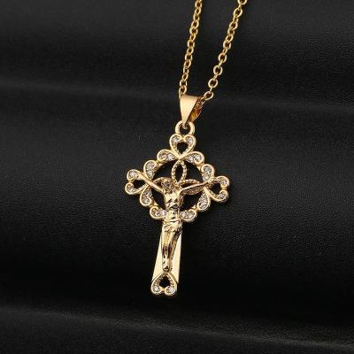 China Not Allergy New Arrival Microset Cubic Zirconia Jesus Cross Fashion 14k Gold Plated Pendant Necklace For Women for sale