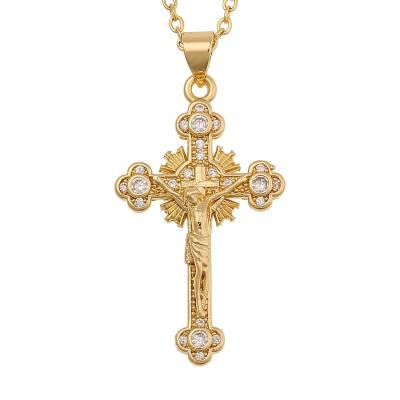 China Not Allergy Good Quality Jewelry Copper Micro Set Hot Selling Cubic Zirconia Jesus Cross Pendant Gold Plated Necklace for sale