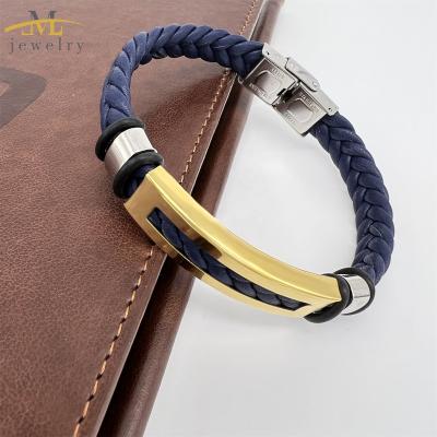 China JML Trendy Stainless Steel Jewelry Trendy Blue Braided Leather Men's Bracelet Customizable Men's Hollow Bracelet ID Bracelet for sale