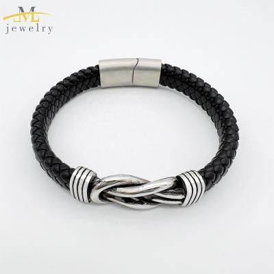 China FASHIONABLE Black Leather Rope Braided Stainless Steel Link Knot Bracelet Fashion Creative Men's Bracelet Stainless Steel Clasp Male Leather for sale