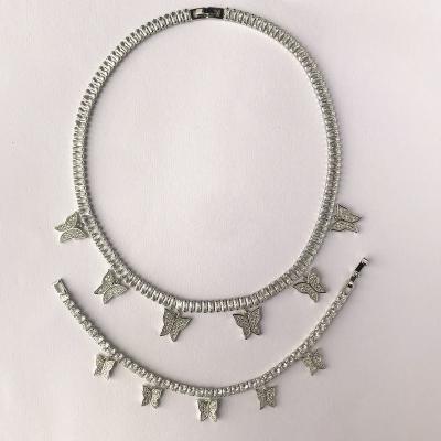 China 2022 Latest Arrival Vintage 4A Professional Cuban Silver Zircon White Stretch Butterfly Necklace Bracelet Jewelry Sets for sale