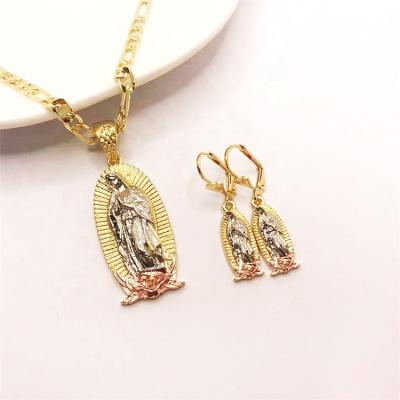 China Fashion Religious Earring Chain Necklace Wedding Buddha Statue 18K Gold Plated Bridal Jewelry Set for sale