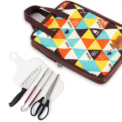 China New cookware use five-piece camping set stainless steel bbq knife picnic cutting board outdoor cookware simple cooking bag bbq for sale