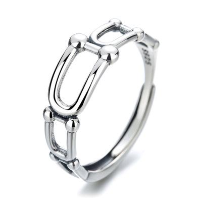 China Vintage NINE Punk Antique 925 Silver U Shape Linked Chain Horseshoe Open Rings Engagement Ring Women for sale