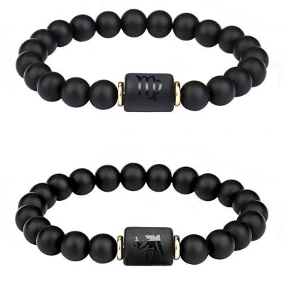 China Hot Selling Punk Vintage Twelve Constel Lations Couples Natural Stone Beaded Bracelet Frosted Black Beading Stainless Bargain Bracelets for sale