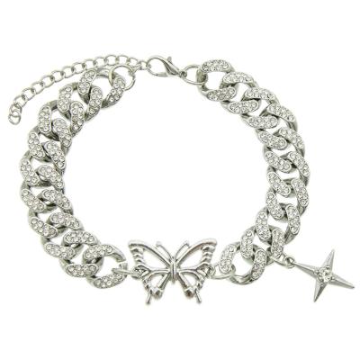China Trendy Punk Alloy Cuban Rhinestone Personality Chain Bracelets Amazon Butterfly Crystal Charms For Bracelets Bulk for sale