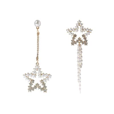 China 2021 TRENDY Asymmetrical Star Pearl Silver Needle Star Bead Casual Long Fashion Jewelry Tassel Earrings Long For European Women Girls Bridal for sale