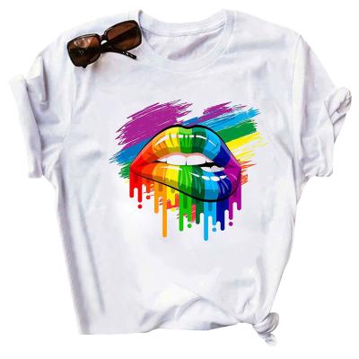 China Breathable Loose Loose White Shirts For Women Lady Colored Lip Printed Women's Culture Top T Shirt Cheap Price Women Designer T-Shirts for sale