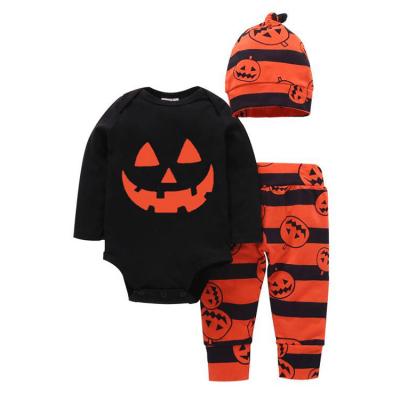 China Breathable In-stock 3 Pcs Newborn Baby Clothes Sets Pumpkin Head Prints For Halloween Baby Boy Dress Sets Clothes Baby Clothes Boy Set for sale