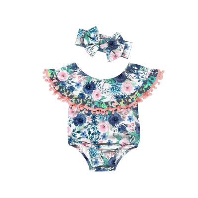 China 100% Polyester Baby Romper Pom-pom Design Baby Rompers Summer Floral Print Bodycon Romper Toddler Girls Baby Clothes Off-shoulder for sale