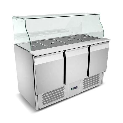 China Single-Temperature OEM 3 Solid Door Sandwich Prep Table Glass Top Refrigerator Made in China for sale