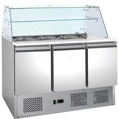 China Single-Temperature 3-Door Stainless Steel Salad Counter Table Counter Refrigerator with Glass Cover for sale