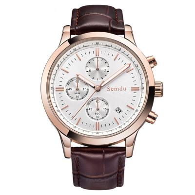 China Chronograph ready to ship Cheap Rose Gold Case Men 5atm leather strap quartz promotion chronograph wristwatch for sale