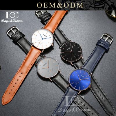 China 2017 Custom Day/Date Hot Sale Bule Dial 3atm Waterproof Black Genuine Leather Strap Ultra Thin Men Watch for sale