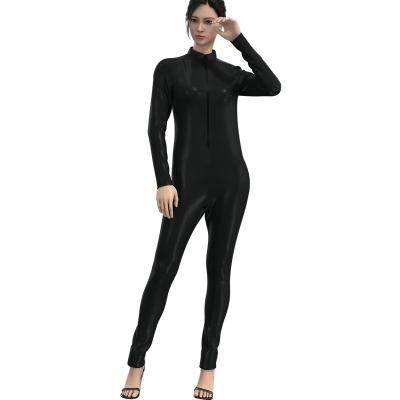 China Polyester Europe and USA tight one-piece suit clothes ladies nightclub uniforms corsets long sleeve patent leather jumpsuit for sale