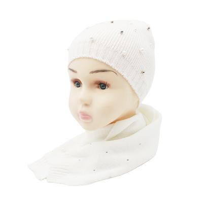 China Wholesale Cheap Medium Striped White Scarf With Pearl Decoration Hat And Scarf Set Girls Winter Hat Set for sale