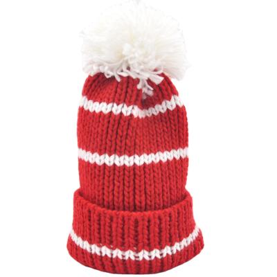 China 100% Striped Logo Cap With Pom Material Acrylic Knitted Hat Different Style Sport Winter Hat for sale