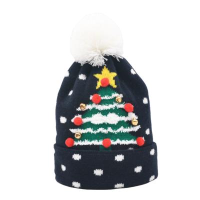 China Keeping Warm Jacquard Christmas Tree Knitting Pattern Kids Knit Hat Winter Hat With Bells Knit Hat Christmas for sale