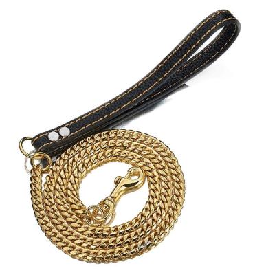 China Custom Stock 12mm Gold Plated Cuban Link Stainless Steel Strong Chain Dog Leash With Genuine Leather Handle for sale