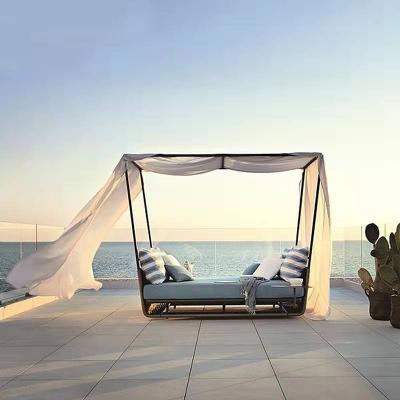 China Modern Hot Sale Outdoor Sun Sofa Rattan Square Wicker Daybed With Canopy Patio Furniture Beach Folding Bed Square Rattan Daybed for sale