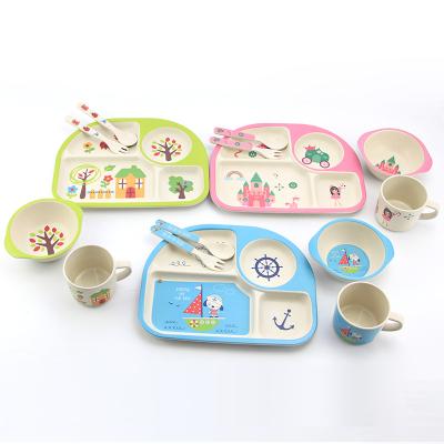 China Children's 5pcs Eco-friendly Cute Cartoon Bamboo Fiber Products Roll Cup Child Gift Baby Tableware Dinner Set for sale